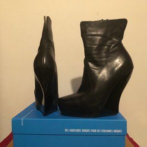 John Fluevog LA Silverlake Genuine Leather 5.5" Wedge Ankle Boots Goth Fetish 8